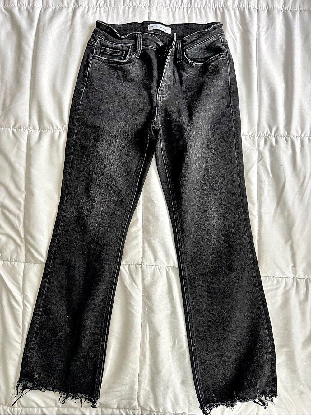 Flying Monkey Reasonable Mid Rise Raw Distressed Hem Crop Flare Jeans Reasonable
